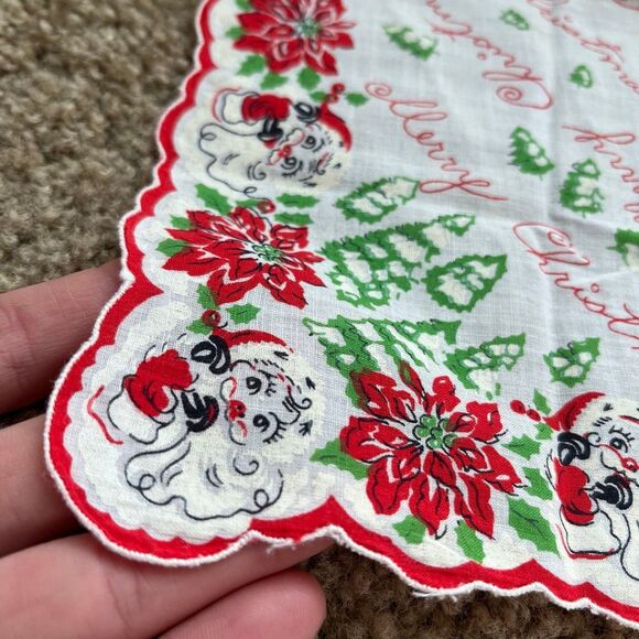 VTG 50s Christmas Hankie – Santa, Poinsettias, Trees – 13” Square - Picture 3 of 7